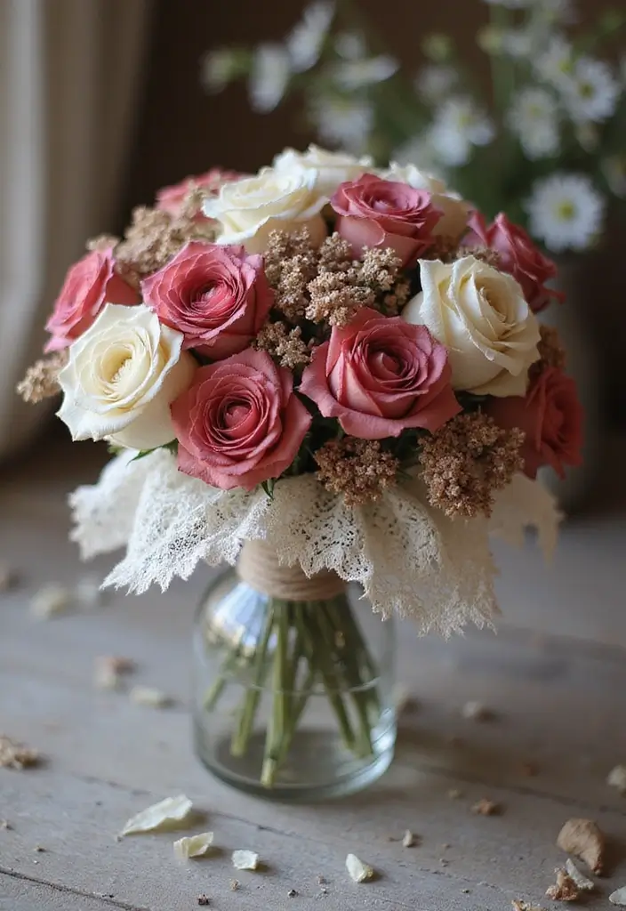 30 October Flower Bouquet Inspirations Youll Fall in Love With 9. Vintage Touch Dried Roses with Lace