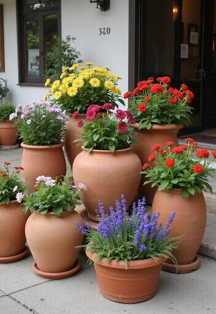 30+ Outdoor Flower Pot Arrangements That Look Gorgeous Year-Round - 15. Artistic Terracotta Arrangements