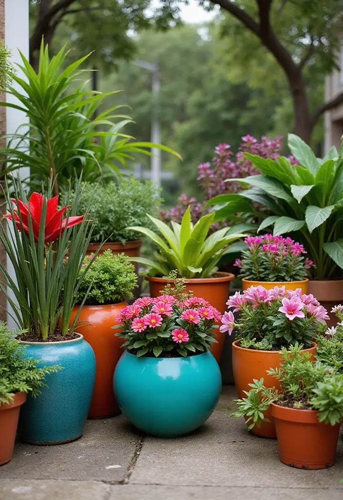 30+ Outdoor Flower Pot Arrangements That Look Gorgeous Year-Round - 22. Bright Tropical Arrangements
