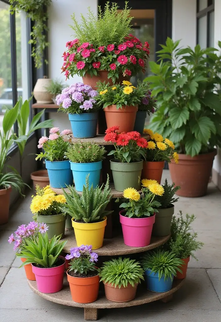 30+ Outdoor Flower Pot Arrangements That Look Gorgeous Year-Round - 4. Colorful Tiered Plant Stands