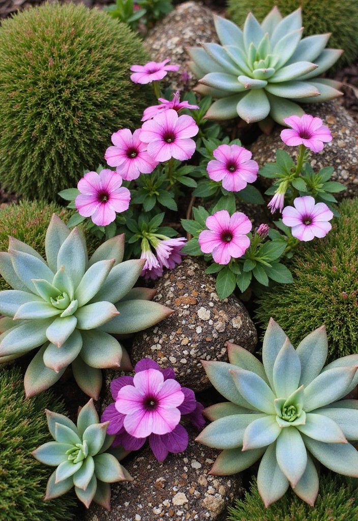 30 Petunias Flower Bed Ideas for Charming Front Yards - 20. Petunia and Succulent Displays