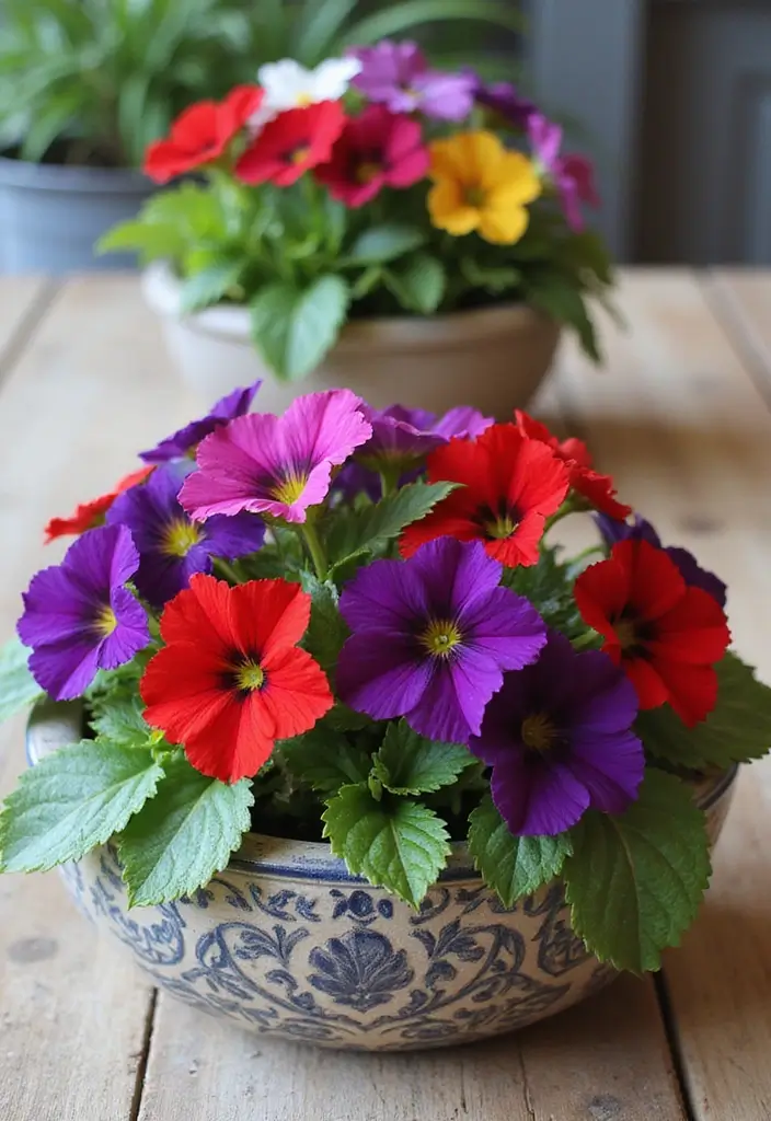 30 Petunias Flower Bed Ideas for Charming Front Yards - 28. Petunias in Decorative Bowls