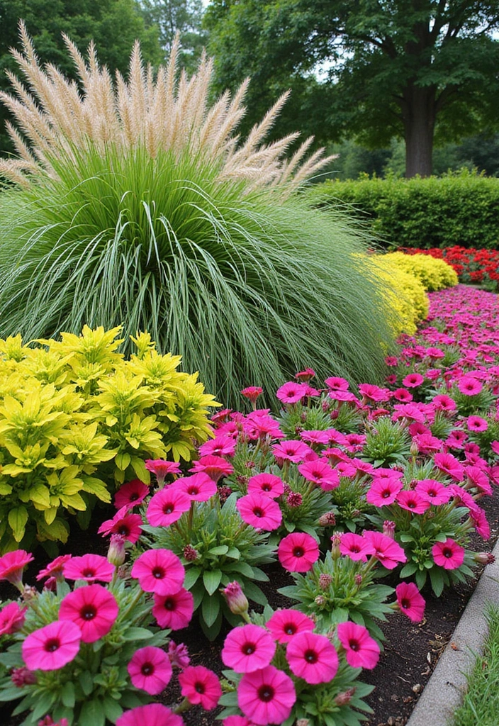 30 Petunias Flower Bed Ideas for Charming Front Yards - 5. Petunia and Grass Combinations