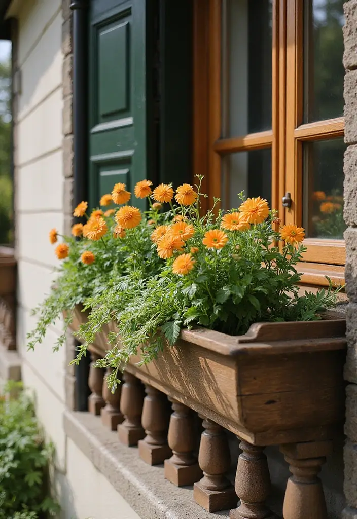 30+ Railing Flower Box Ideas for Balconies and Porches - 1. Classic Wooden Railing Boxes