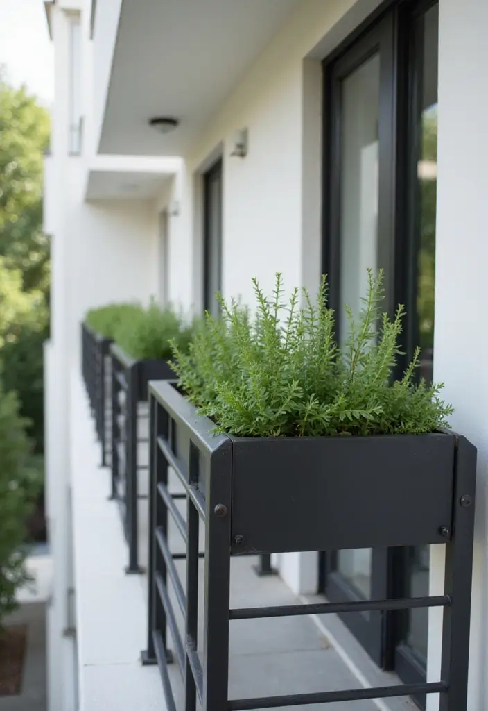 30+ Railing Flower Box Ideas for Balconies and Porches - 2. Modern Metal Flower Boxes