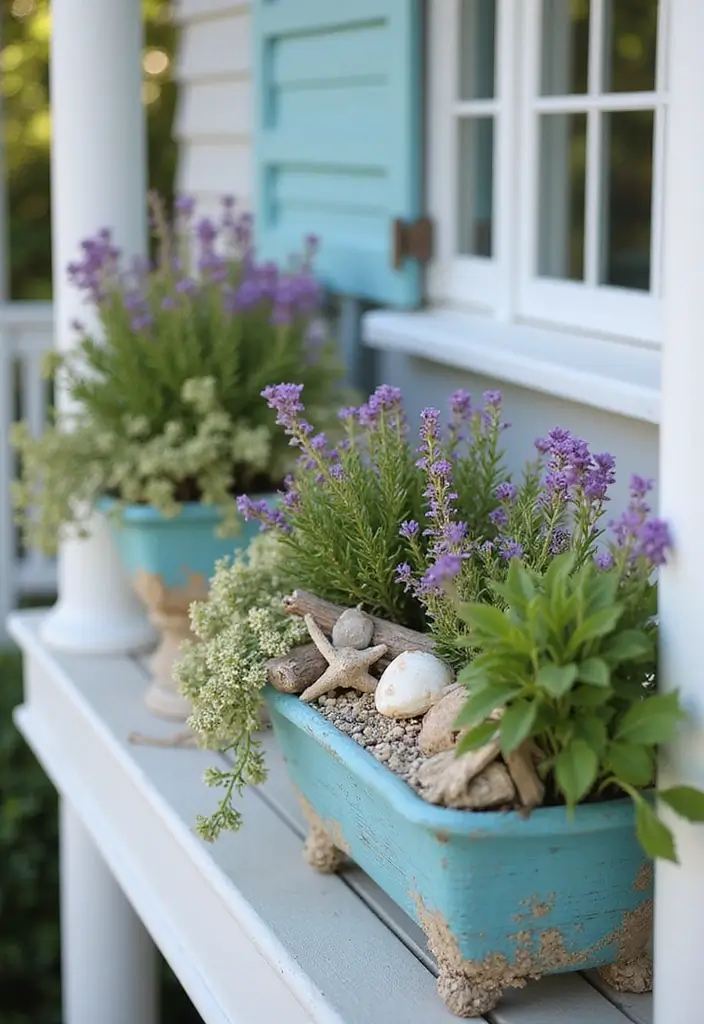 30+ Railing Flower Box Ideas for Balconies and Porches - 21. Coastal-Themed Boxes