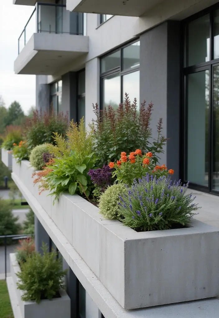 30+ Railing Flower Box Ideas for Balconies and Porches - 25. Contemporary Concrete Boxes