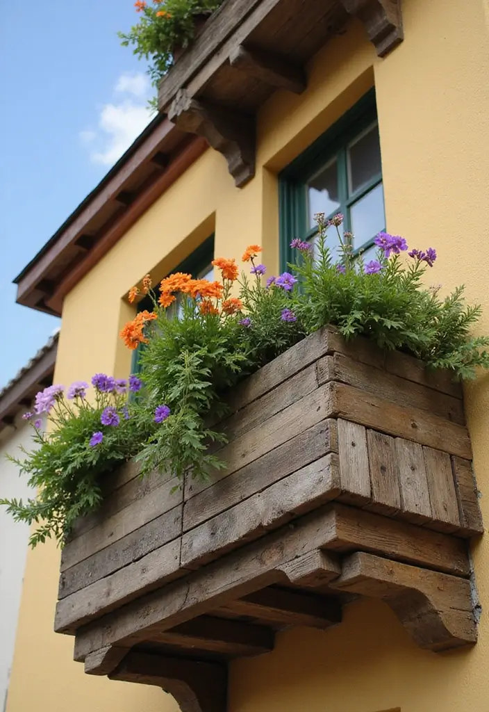 30+ Railing Flower Box Ideas for Balconies and Porches - 27. Rustic Pallet Boxes