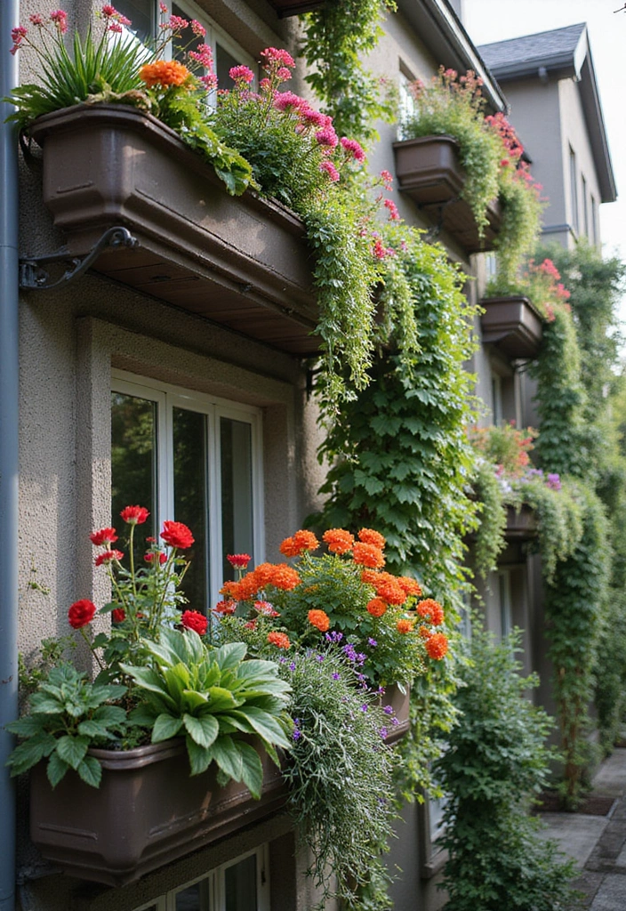 30+ Railing Flower Box Ideas for Balconies and Porches - 29. Multi-Level Flower Boxes