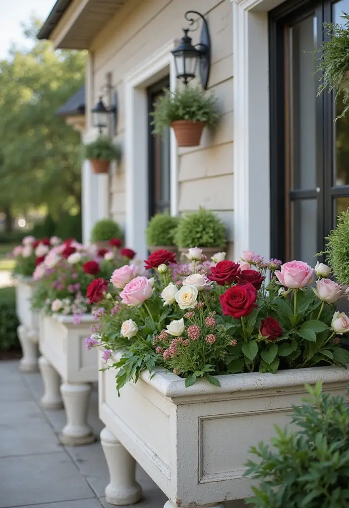 30+ Railing Flower Box Ideas for Balconies and Porches - 30. Luxurious Silk Flower Boxes