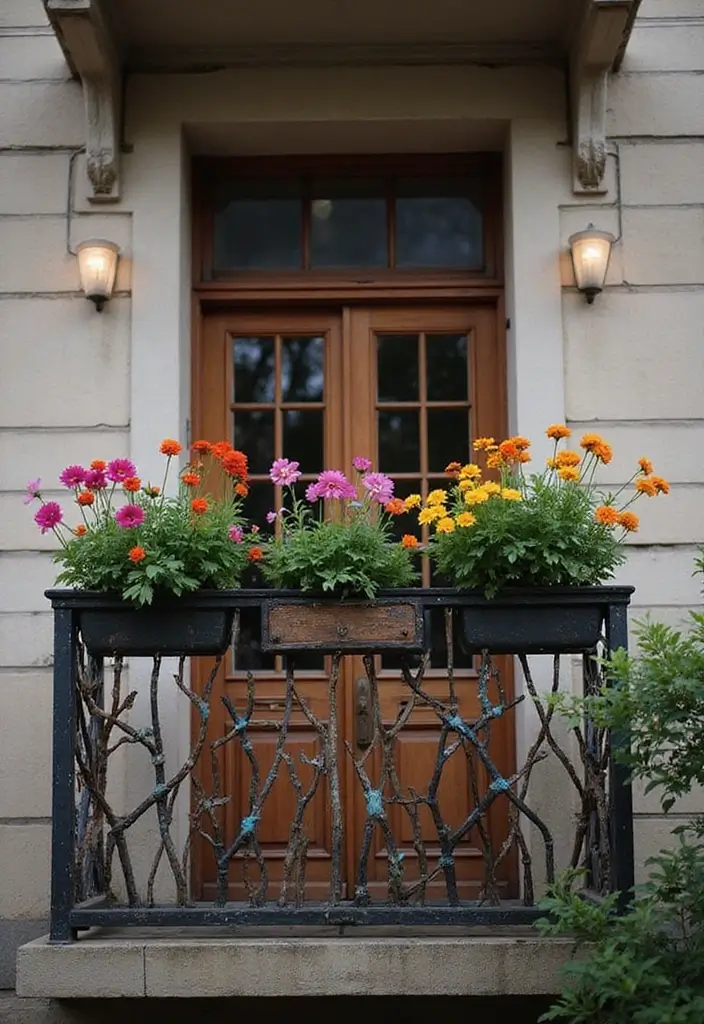30+ Railing Flower Box Ideas for Balconies and Porches - 8. Artistic and Whimsical Planters