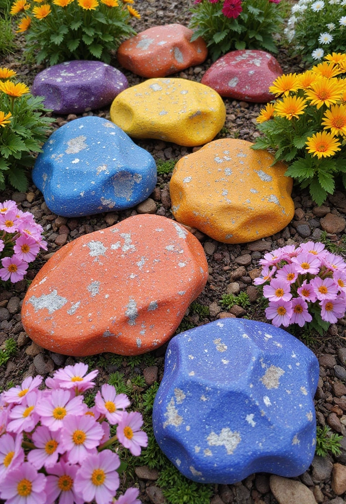 30 Rock Flower Bed Ideas to Add Texture to Your Garden - 28. Colorful Rock Piles for Texture