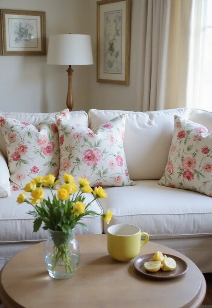 30 Spring Flower Arrangement Ideas to Refresh Your Home - 21. Colorful Spring Pillows with Flowers