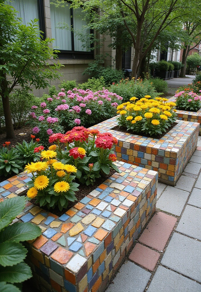 30+ Square Flower Bed Ideas for Modern and Classic Homes - 4. Colorful Mosaic Square Beds