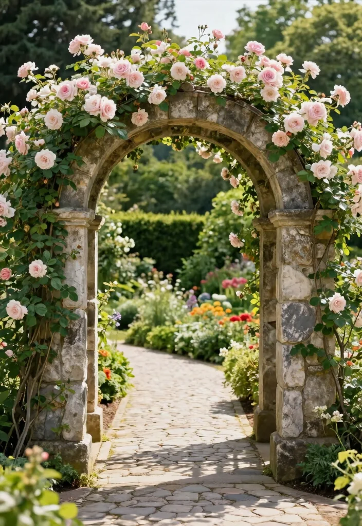 10 Arched Trellis Ideas to Create Garden Entrances and Paths 23 10 Arched Trellis Ideas to Create Garden Entrances and Paths - 3. Elegant Stone Archway 1
