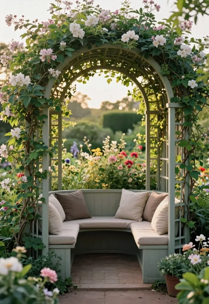 10 Arched Trellis Ideas to Create Garden Entrances and Paths 45 10 Arched Trellis Ideas to Create Garden Entrances and Paths - 5. Arched Trellis with Seating 1