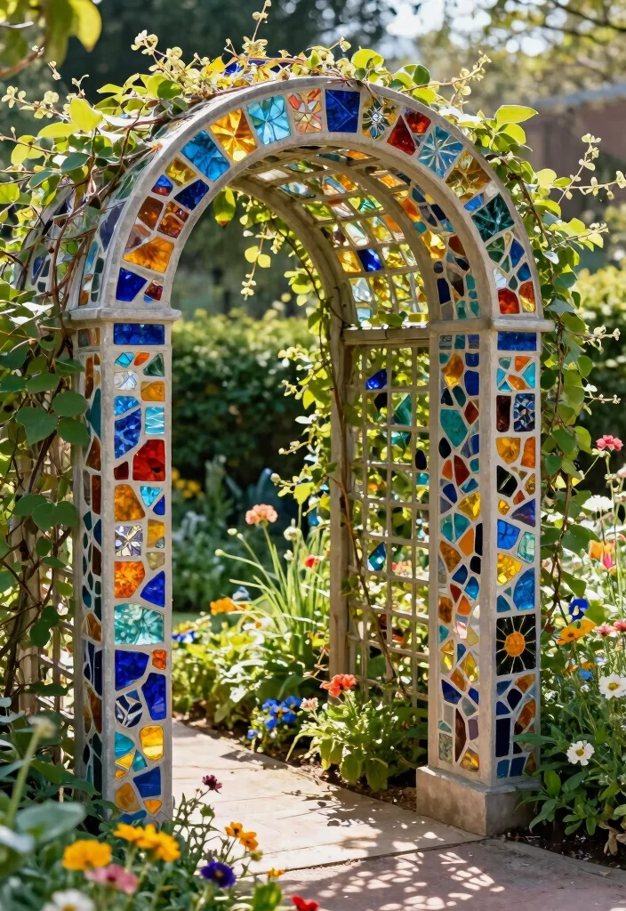 10 Arched Trellis Ideas to Create Garden Entrances and Paths 78 10 Arched Trellis Ideas to Create Garden Entrances and Paths - 8. Colorful Mosaic Trellis 1