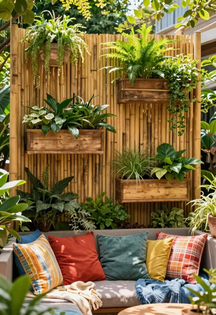 10 Bamboo Trellis Ideas for Natural Garden Privacy - 5. Bamboo Screen with Planters 1