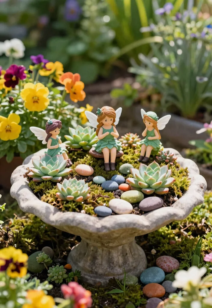10 Birdbath Planter Ideas for Charming Garden Focal Points - 1. Whimsical Fairy Garden Birdbath 1
