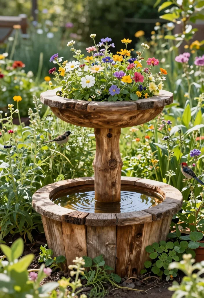 10 Birdbath Planter Ideas for Charming Garden Focal Points - 2. Rustic Wooden Birdbath Planter 1