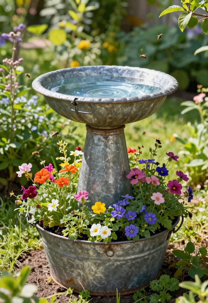 10 Birdbath Planter Ideas for Charming Garden Focal Points - 4. Recycled Metal Birdbath Planter 1
