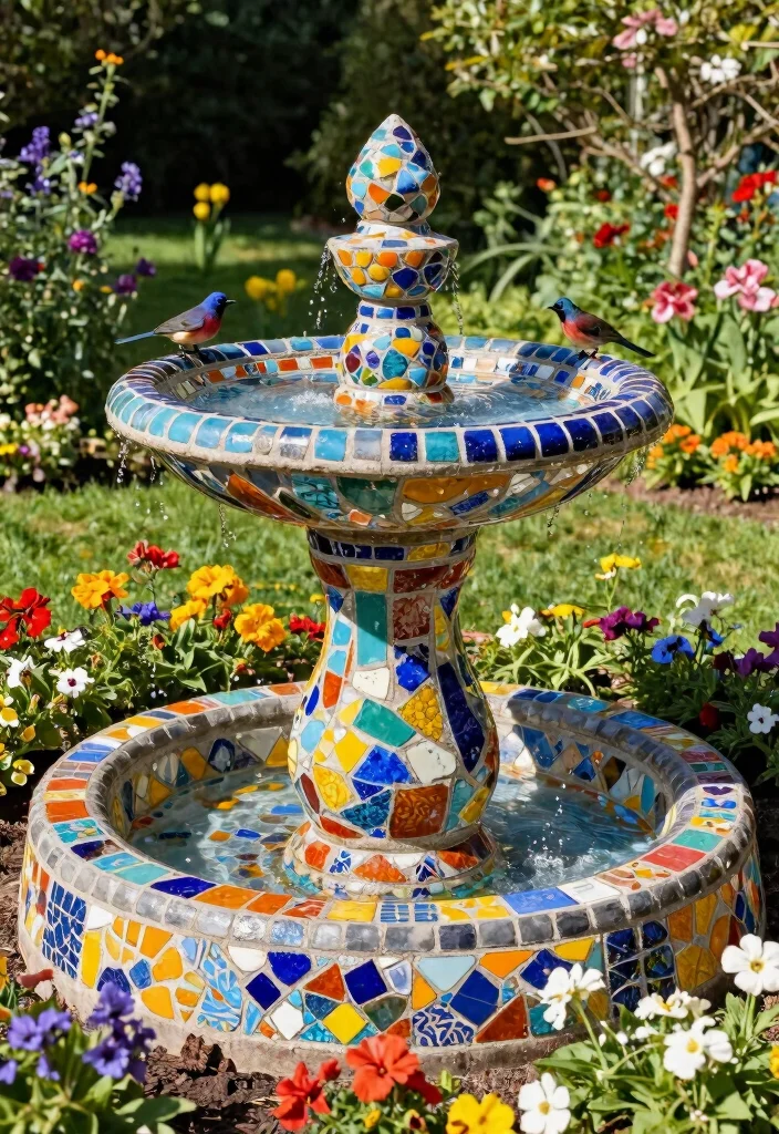 10 Birdbath Planter Ideas for Charming Garden Focal Points - 8. Colorful Mosaic Birdbath Planter 1