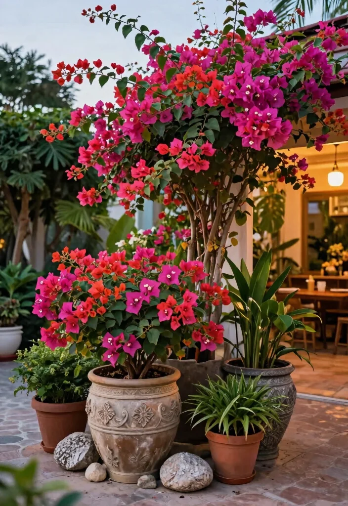 10 Bougainvillea Trellis Ideas for Vibrant Outdoor Color - 6. Container Garden with Bougainvillea 1