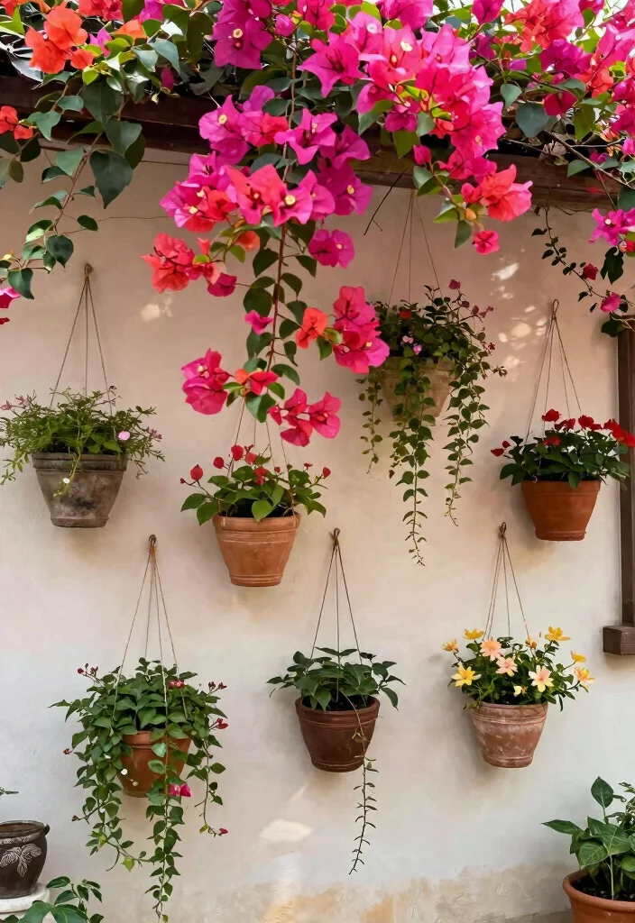 10 Bougainvillea Trellis Ideas for Vibrant Outdoor Color - 8. Vertical Hanging Planters 1