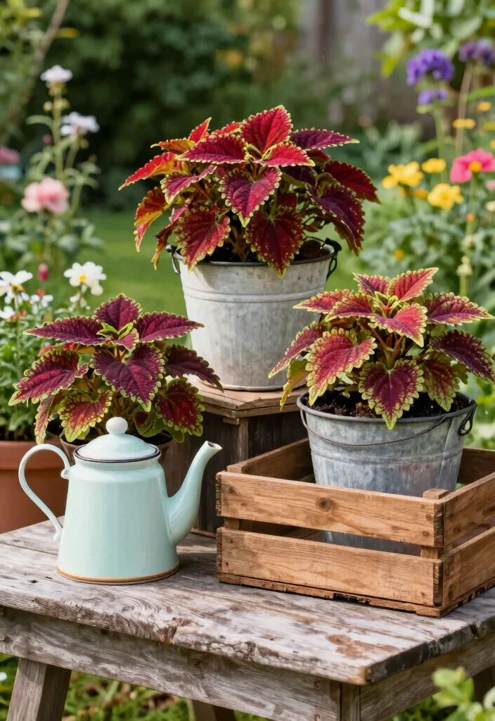 10 Coleus Planter Ideas for Colorful Shade Gardens 34 10 Coleus Planter Ideas for Colorful Shade Gardens - 4. Coleus in Repurposed Containers 1