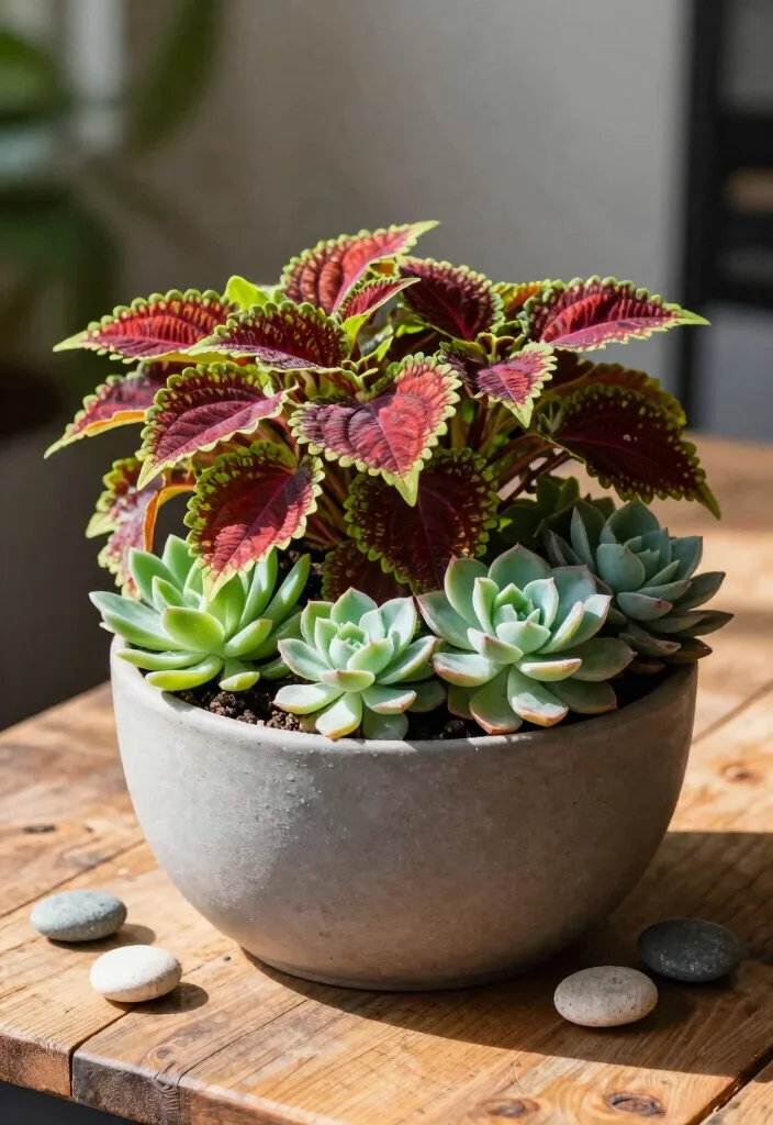 10 Coleus Planter Ideas for Colorful Shade Gardens 89 10 Coleus Planter Ideas for Colorful Shade Gardens - 9. Mixed Coleus and Succulent Planters 1