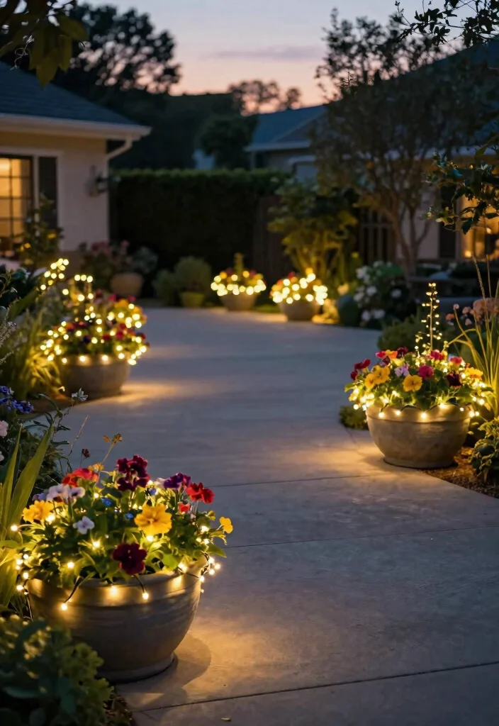 10 Driveway Planter Ideas to Boost Curb Appeal on a Budget - 6. Add Fairy Lights to Planters 1