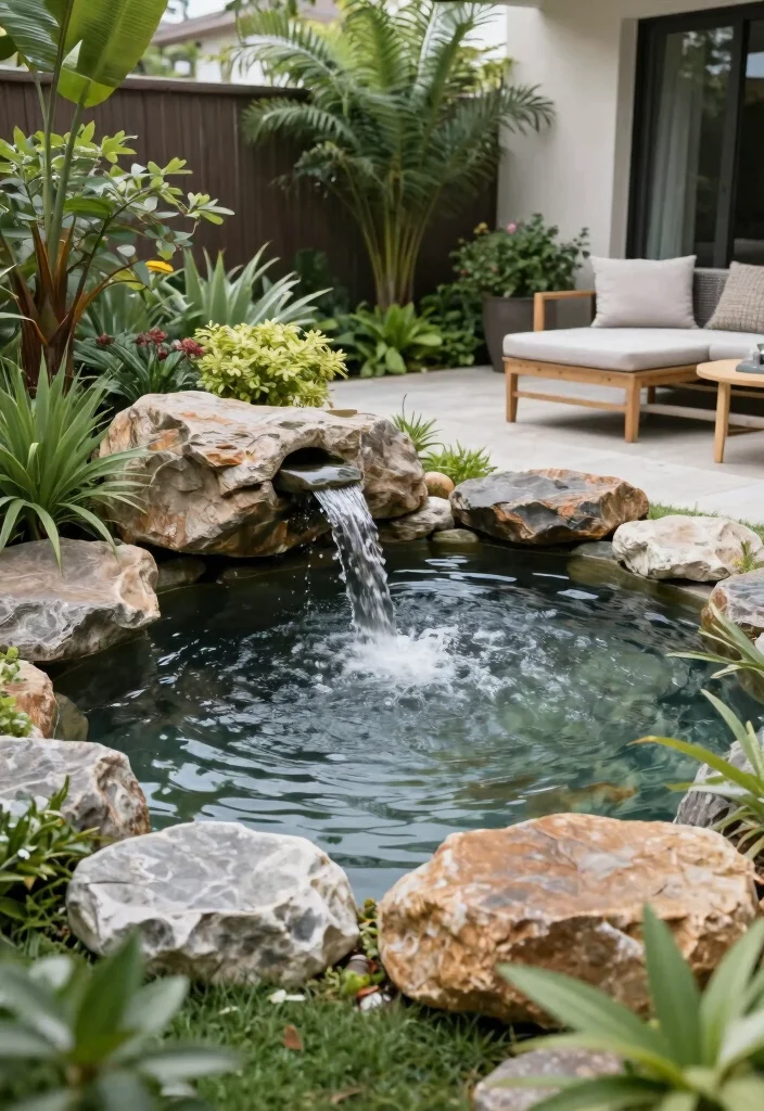 10 L Shaped Backyard Layout Ideas for Functional Design - 6. Relaxing Water Features 1