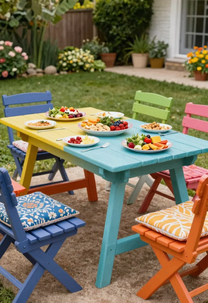 10 Picnic Table Backyard Ideas for Casual Outdoor Dining - 6. Colorful Picnic Table 1