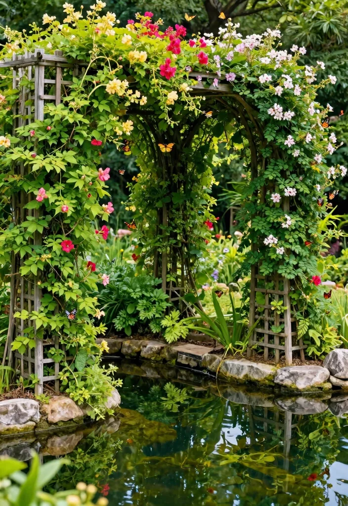 10 Pond Fence Ideas for Safety and Visual Appeal 100 10 Pond Fence Ideas for Safety and Visual Appeal - 10. Trellis Fencing with Climbing Plants 1