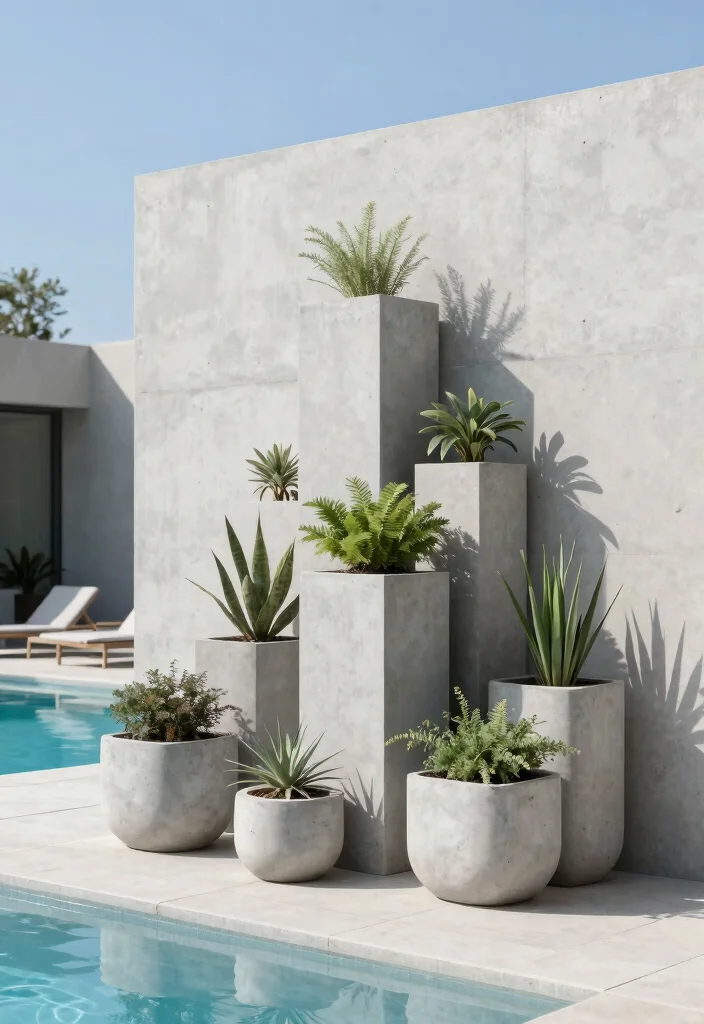 10 Poolside Planter Ideas for a Clean Resort Style Look - 2. Minimalist Concrete Planters 1