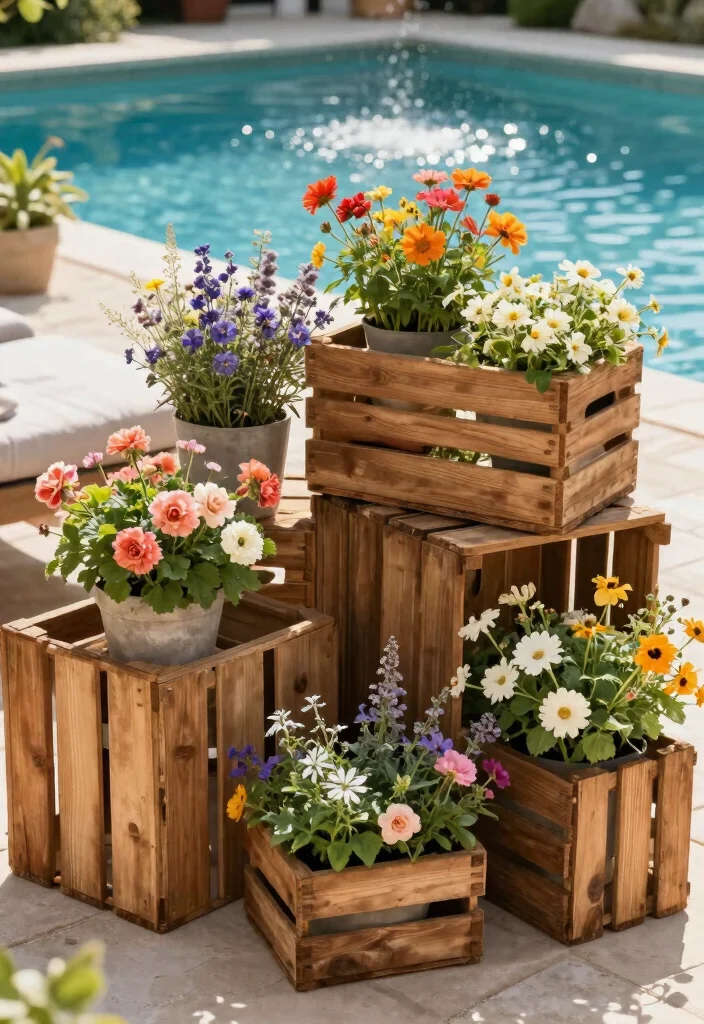10 Poolside Planter Ideas for a Clean Resort Style Look - 7. Rustic Wooden Crates 1