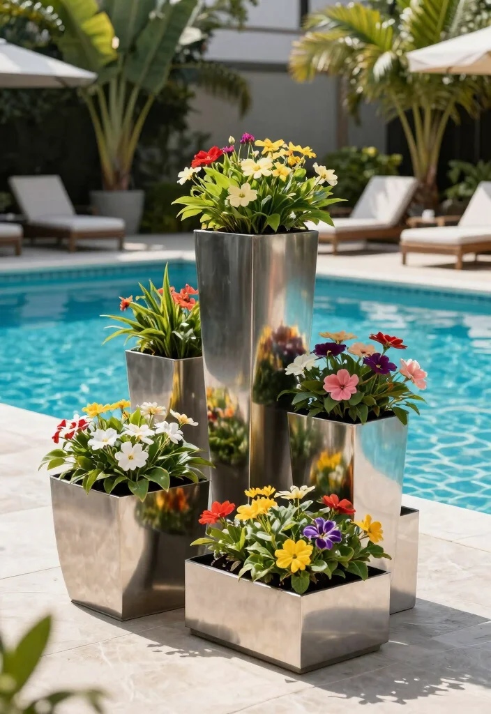 10 Poolside Planter Ideas for a Clean Resort Style Look - 8. Contemporary Metal Planters 1
