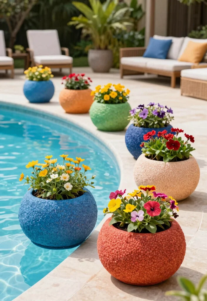 10 Poolside Planter Ideas for a Clean Resort Style Look - 9. Colorful Fiberstone Planters 1