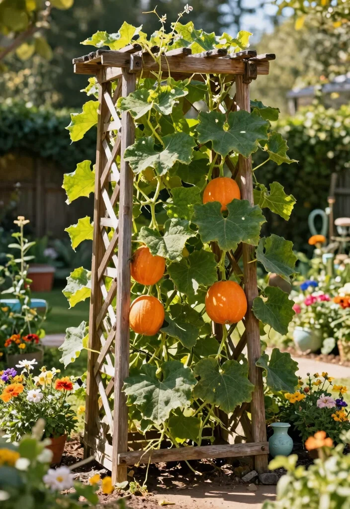 10 Pumpkin Trellis Ideas for Space Saving Garden Beds 1 10 Pumpkin Trellis Ideas for Space Saving Garden Beds - 1. Rustic Wooden Lattice Trellis 1