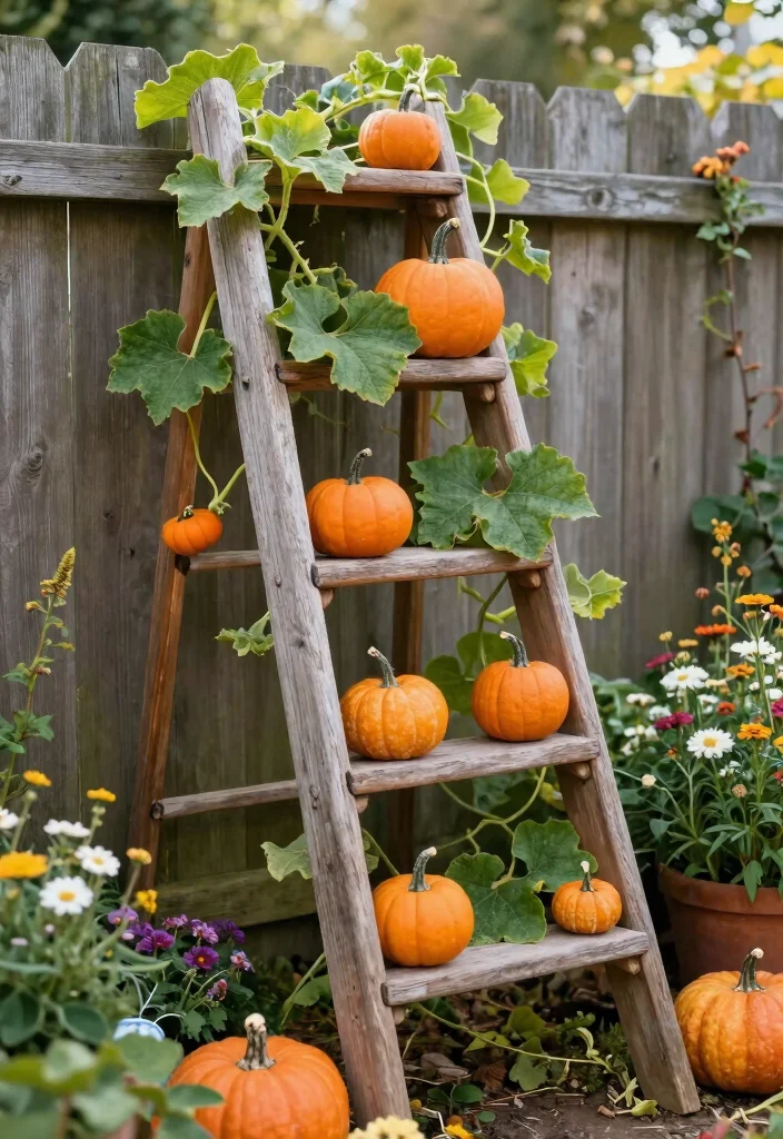10 Pumpkin Trellis Ideas for Space Saving Garden Beds 56 10 Pumpkin Trellis Ideas for Space Saving Garden Beds - 6. Repurposed Ladder Trellis 1