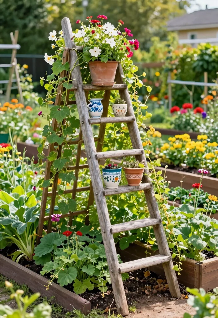 10 Raised Bed Trellis Ideas for Productive Small Gardens - 7. Repurposed Ladder Trellis 1