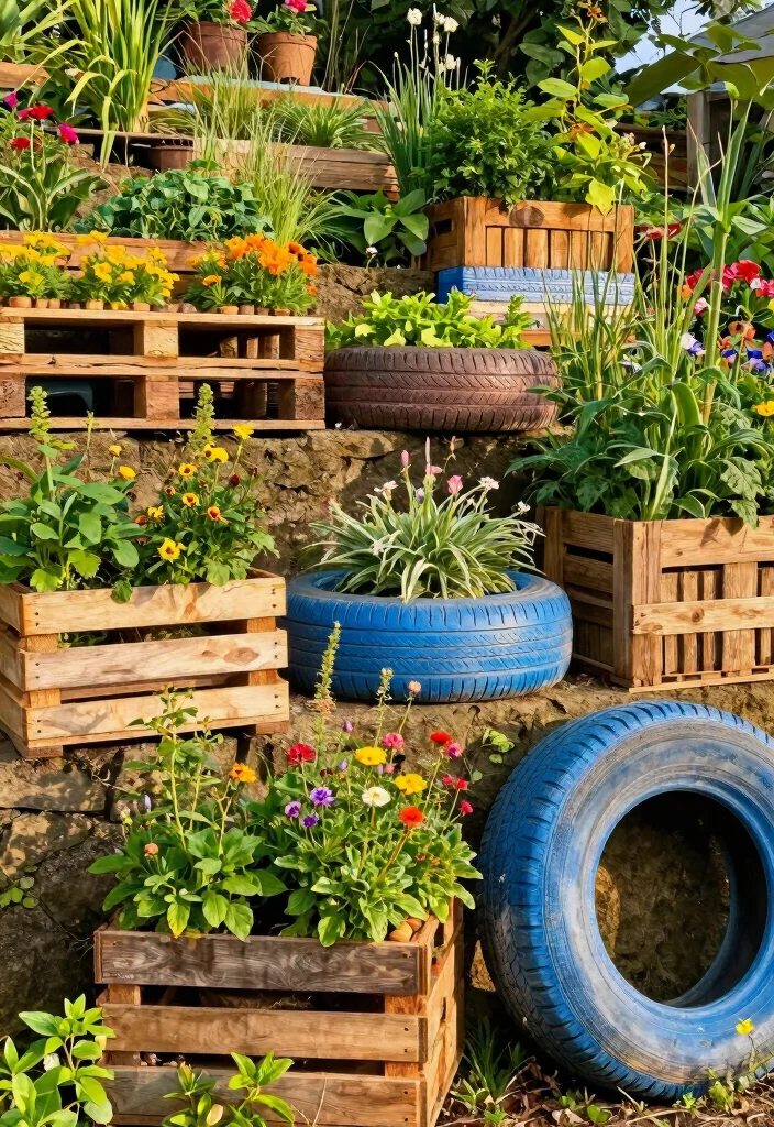 10 Retaining Wall Planter Ideas to Add Greenery to Sloped Yards - 8. Recycled Material Planters 1