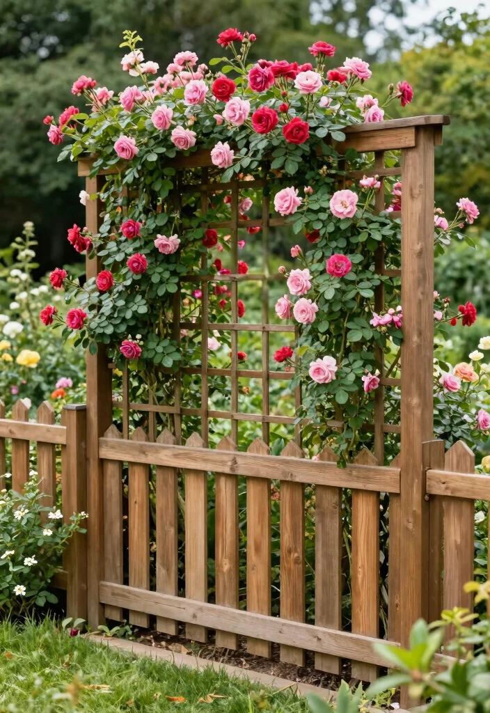 10 Rose Trellis Ideas for Elegant Garden Displays - 6. Trellis Garden Fence Combo 1