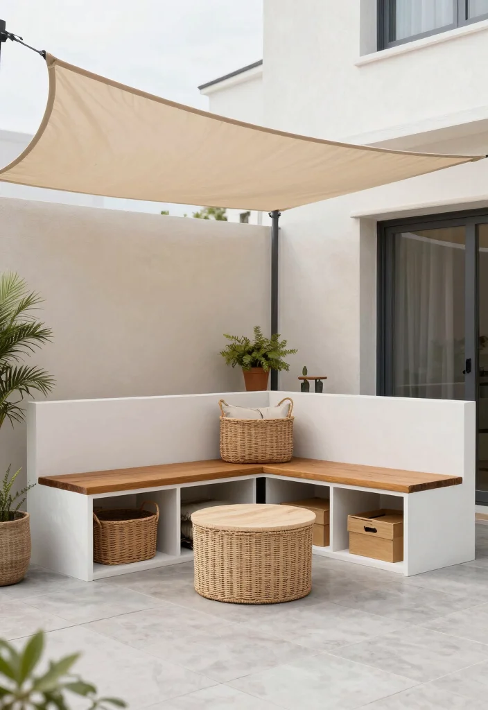 10 Shade Sail Patio Ideas for Flexible Sun Protection - 10. Versatile Storage Solutions 1