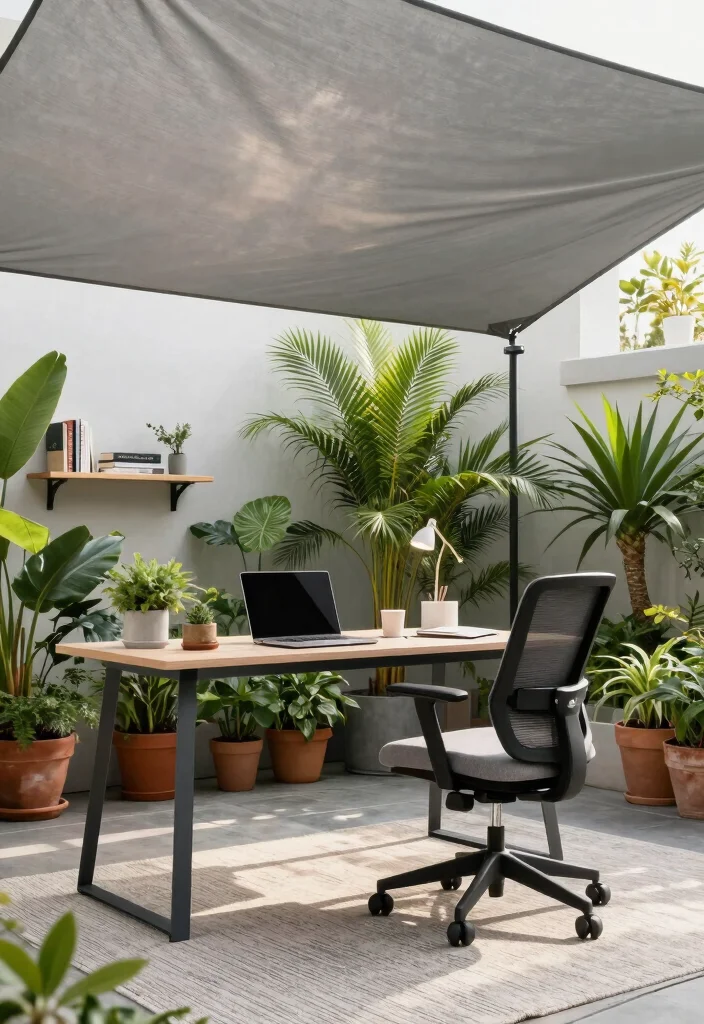 10 Shade Sail Patio Ideas for Flexible Sun Protection - 5. Stylish Workspace 1