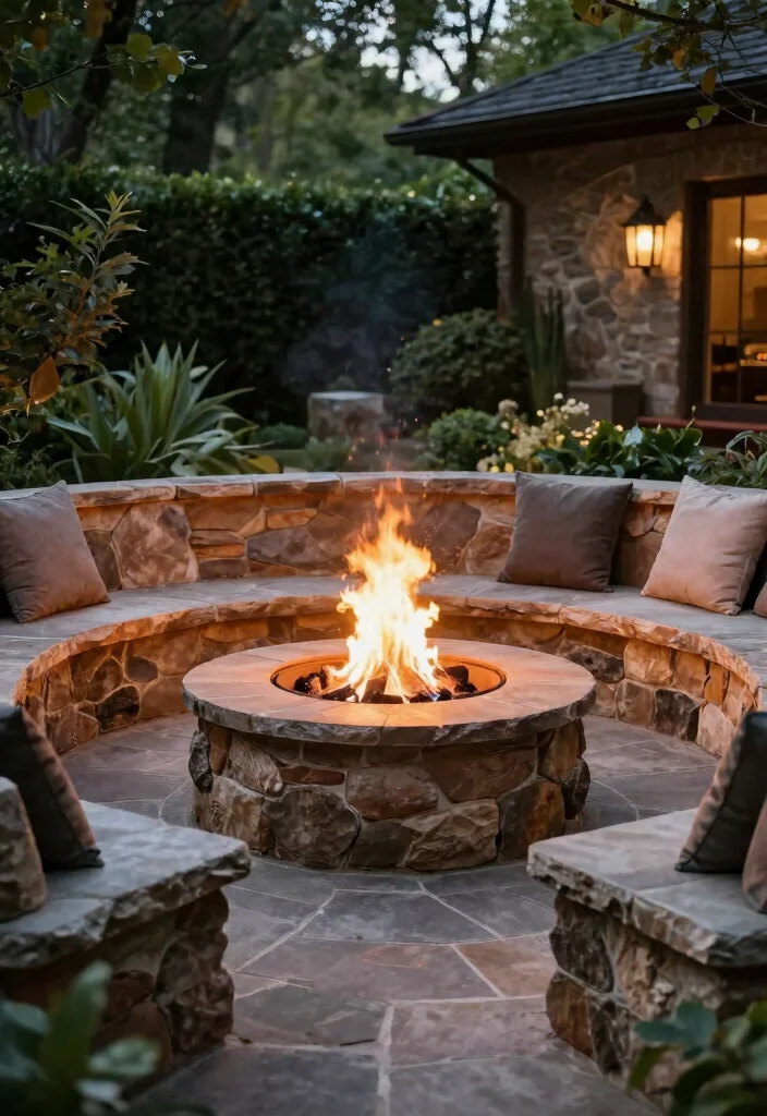 12 Backyard Stone Patio Ideas for Long Lasting Style - 10. Integrated Fire Pit Patio 1