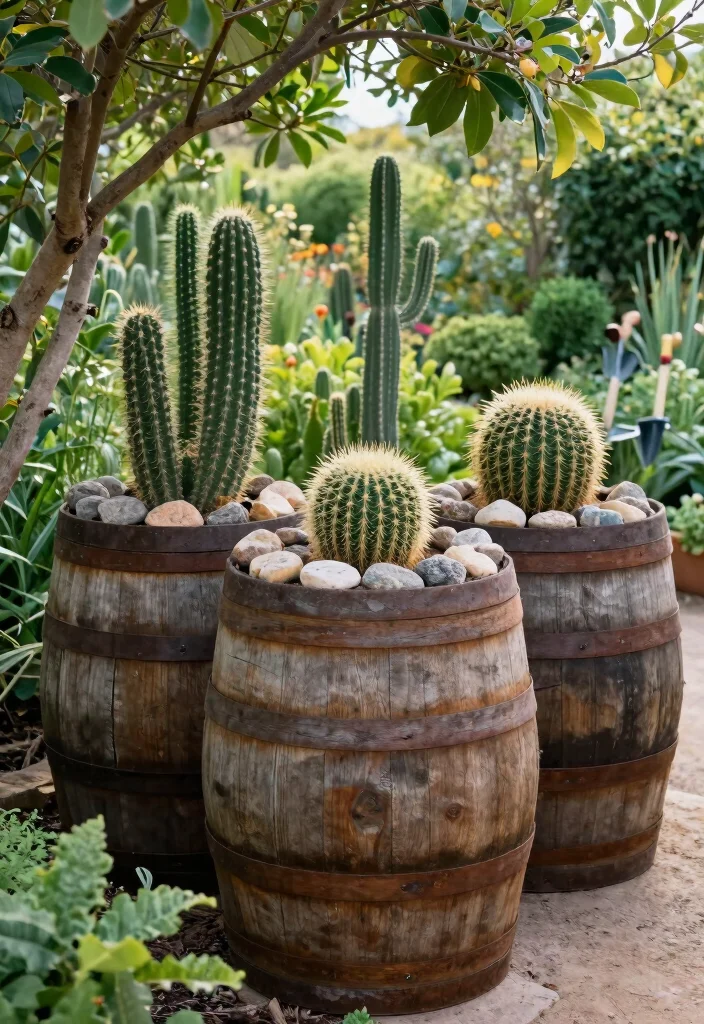 12 Cactus Planter Ideas for Low Maintenance Outdoor Style - 3. Rustic Barrels as Planters 1
