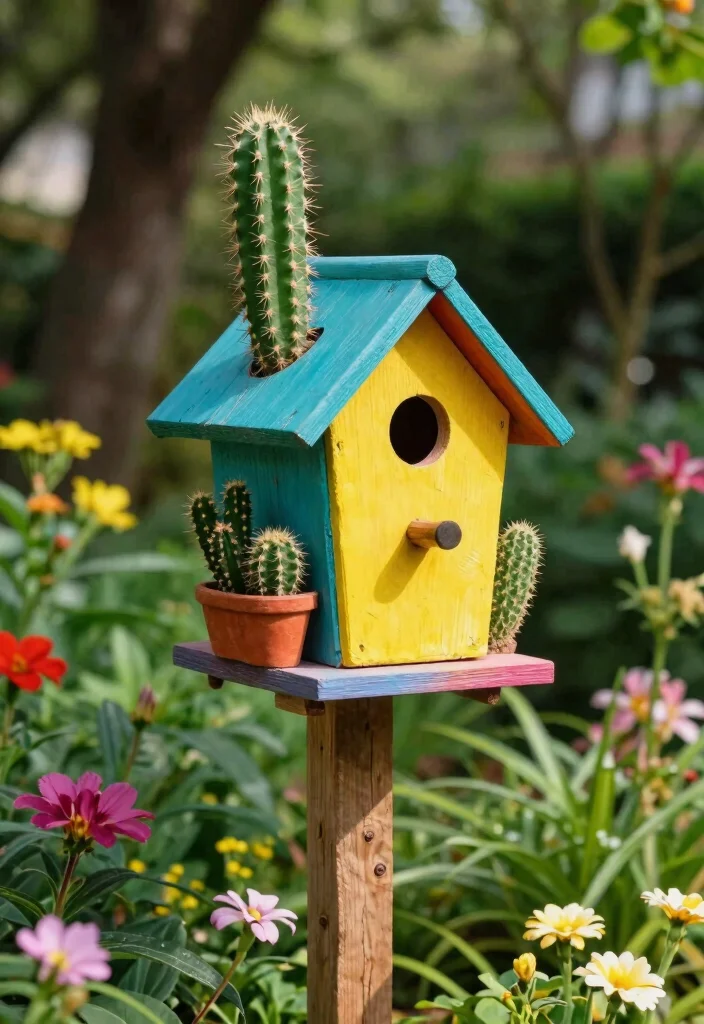 12 Cactus Planter Ideas for Low Maintenance Outdoor Style - 6. Cactus in a Birdhouse Planter 1