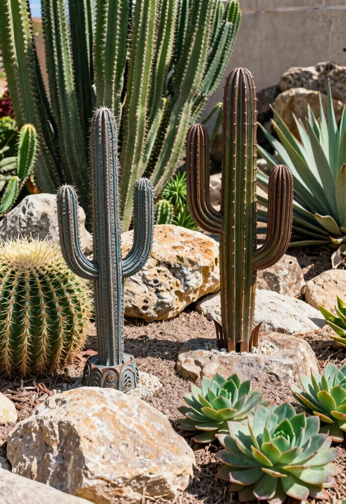 12 Cactus Planter Ideas for Low Maintenance Outdoor Style - 7. Stone and Metal Cactus Sculptures 1