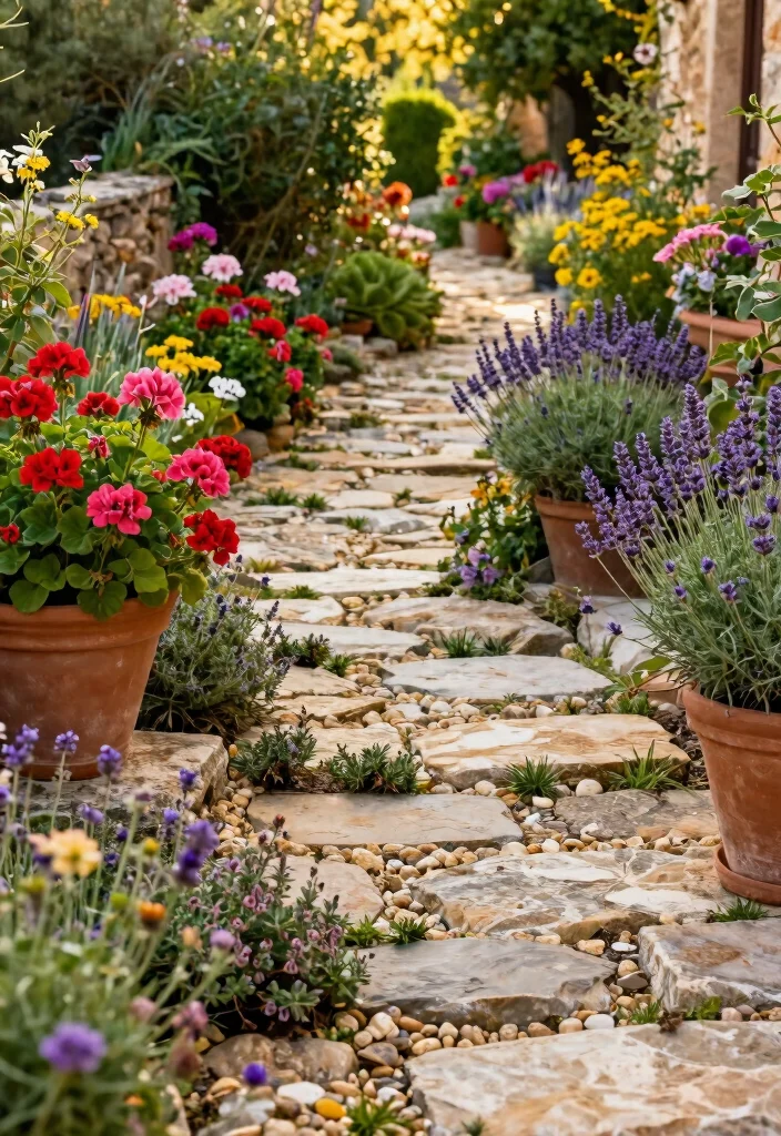 12 Mediterranean Backyard Ideas for Warm and Inviting Spaces 12 12 Mediterranean Backyard Ideas for Warm and Inviting Spaces - 2. Rustic Stone Pathways 1